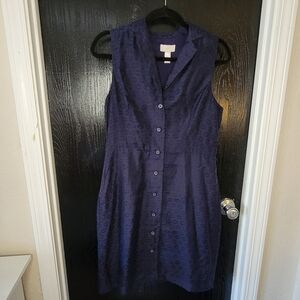 LOFT Button Up French Preppy Scandi Girl Floral Embossed Navy Blue Dress